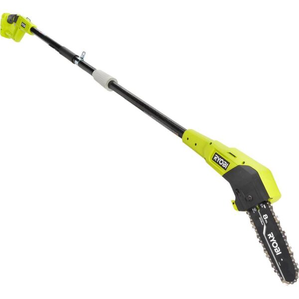 ONE+ 18V 8 in. Cordless Battery Pole Saw and 8 in. Pruning Saw Combo Kit with 2.0 Ah Battery and Charger RYOBI This oil-free combo kit including the RYOBI 18V ONE+ 8" Cordless Pole Saw and RYOBI 18V ONE+ 8" Cordless Pruning Chainsaw can help you tackle your outdoor cutting jobs without the hassle of oil. Both tools are equipped with an 8" bar and chain ideal for pruning and limbing around your yard. The pole saw extends up to 9.5', has an angled cutting head, an in-line motor, and a full complement chain giving you faster and more precise cuts for those harder to reach areas. The pruning chainsaw is compact and lightweight which reduces fatigue and has a full complement chain for faster cutting. For easy adjustments, both tools have side access chain tensioning along with on-board tool storage. This combo kit is equipped with an 18V 2.0Ah lithium-ion battery and 18V charger. The RYOBI 18V ONE+ 8" Cordless Pole Saw, the RYOBI 18V ONE+ 8" Cordless Pruning Chainsaw, the 2.0Ah battery, and the charger are compatible with all RYOBI 18V ONE+ products. These tools and battery are backed by a 3-year warranty. Oil-free design for hassle free cutting Ideal for pruning & limbing Pole Saw: Extends up to 9.5' for longer reach Pole Saw: Angled cutting head for better cut control Pole Saw: In-line motor for precise cuts Pole Saw: Full complement chain for faster cutting Pruning Chainsaw: Compact & lightweight design Pruning Chainsaw: Install SAFE-T-TIP prior to use for safe operation Side access chain tensioning for easy adjustments On-board tool storage Includes a RYOBI 18V 2.0Ah lithium-ion battery Includes RYOBI 18V charger Compatible with all RYOBI 18V ONE+ products 3-year tool and battery warranty