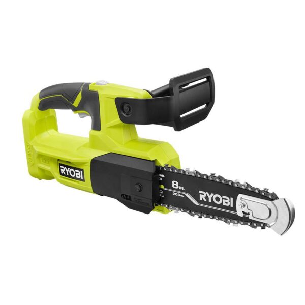 ONE+ 18V 8 in. Cordless Battery Pole Saw and 8 in. Pruning Saw Combo Kit with 2.0 Ah Battery and Charger RYOBI This oil-free combo kit including the RYOBI 18V ONE+ 8" Cordless Pole Saw and RYOBI 18V ONE+ 8" Cordless Pruning Chainsaw can help you tackle your outdoor cutting jobs without the hassle of oil. Both tools are equipped with an 8" bar and chain ideal for pruning and limbing around your yard. The pole saw extends up to 9.5', has an angled cutting head, an in-line motor, and a full complement chain giving you faster and more precise cuts for those harder to reach areas. The pruning chainsaw is compact and lightweight which reduces fatigue and has a full complement chain for faster cutting. For easy adjustments, both tools have side access chain tensioning along with on-board tool storage. This combo kit is equipped with an 18V 2.0Ah lithium-ion battery and 18V charger. The RYOBI 18V ONE+ 8" Cordless Pole Saw, the RYOBI 18V ONE+ 8" Cordless Pruning Chainsaw, the 2.0Ah battery, and the charger are compatible with all RYOBI 18V ONE+ products. These tools and battery are backed by a 3-year warranty. Oil-free design for hassle free cutting Ideal for pruning & limbing Pole Saw: Extends up to 9.5' for longer reach Pole Saw: Angled cutting head for better cut control Pole Saw: In-line motor for precise cuts Pole Saw: Full complement chain for faster cutting Pruning Chainsaw: Compact & lightweight design Pruning Chainsaw: Install SAFE-T-TIP prior to use for safe operation Side access chain tensioning for easy adjustments On-board tool storage Includes a RYOBI 18V 2.0Ah lithium-ion battery Includes RYOBI 18V charger Compatible with all RYOBI 18V ONE+ products 3-year tool and battery warranty