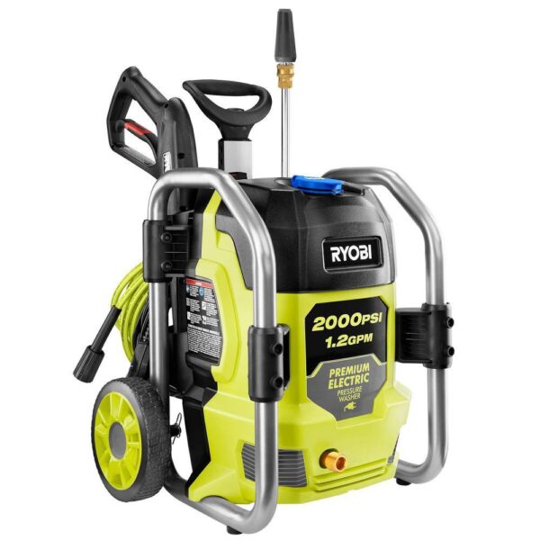 Ryobi 2000 PSI 1.2 GPM Cold Water Electric Pressure Washer The RYOBI 2000 psi 1.2 GPM Electric Pressure Washer is powerful and compact, making it perfect to use around the home. This pressure washer features a durable metal roll cage frame, wheels and a telescoping handle allowing for easy transport. The 13 Amp electric motor delivers 2000 psi of force for cleaning of driveways, decks, windows, boats, campers and other areas around the house. A powerful turbo nozzle, 15 nozzle and soap nozzle are all stored on the unit for user convenience. An on-board detergent tank offers easy soap application and the 25 ft. non-marring hose allows you to access even more area. The RYOBI 2000 psi Electric Pressure Washer is backed by a 3-year warranty. Performance tested and rated in accordance with PWMA standard PW101 2000 psi and 1.2 GPM for efficient cleaning of residential areas 13 Amp electric motor effectively cleans a wide range of surfaces Durable frame with wheels and telescoping handle Turbo nozzle for up to 50% more cleaning power On-board detergent tank and accessory storage Spray wand with 1/4" quick-connect coupler and 25 non-marring hose Compact, vertical storage 3-year limited warranty