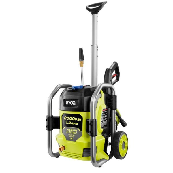 Ryobi 2000 PSI 1.2 GPM Cold Water Electric Pressure Washer The RYOBI 2000 psi 1.2 GPM Electric Pressure Washer is powerful and compact, making it perfect to use around the home. This pressure washer features a durable metal roll cage frame, wheels and a telescoping handle allowing for easy transport. The 13 Amp electric motor delivers 2000 psi of force for cleaning of driveways, decks, windows, boats, campers and other areas around the house. A powerful turbo nozzle, 15 nozzle and soap nozzle are all stored on the unit for user convenience. An on-board detergent tank offers easy soap application and the 25 ft. non-marring hose allows you to access even more area. The RYOBI 2000 psi Electric Pressure Washer is backed by a 3-year warranty. Performance tested and rated in accordance with PWMA standard PW101 2000 psi and 1.2 GPM for efficient cleaning of residential areas 13 Amp electric motor effectively cleans a wide range of surfaces Durable frame with wheels and telescoping handle Turbo nozzle for up to 50% more cleaning power On-board detergent tank and accessory storage Spray wand with 1/4" quick-connect coupler and 25 non-marring hose Compact, vertical storage 3-year limited warranty