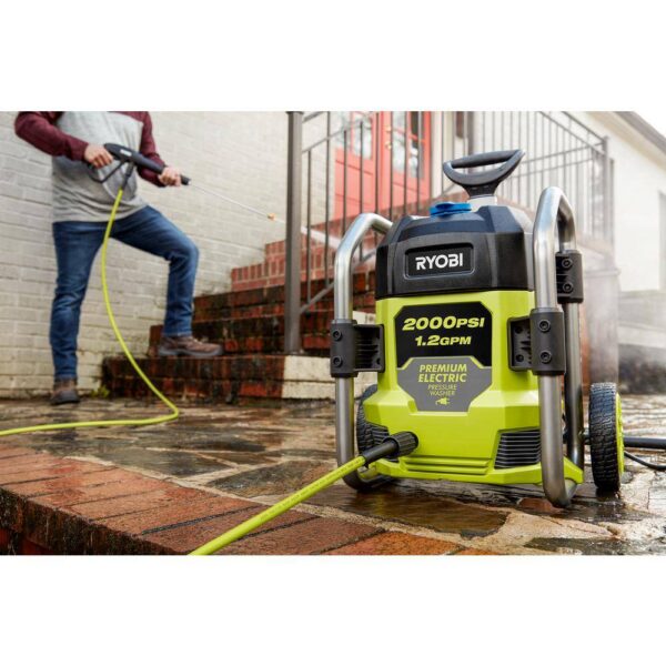 Ryobi 2000 PSI 1.2 GPM Cold Water Electric Pressure Washer The RYOBI 2000 psi 1.2 GPM Electric Pressure Washer is powerful and compact, making it perfect to use around the home. This pressure washer features a durable metal roll cage frame, wheels and a telescoping handle allowing for easy transport. The 13 Amp electric motor delivers 2000 psi of force for cleaning of driveways, decks, windows, boats, campers and other areas around the house. A powerful turbo nozzle, 15 nozzle and soap nozzle are all stored on the unit for user convenience. An on-board detergent tank offers easy soap application and the 25 ft. non-marring hose allows you to access even more area. The RYOBI 2000 psi Electric Pressure Washer is backed by a 3-year warranty. Performance tested and rated in accordance with PWMA standard PW101 2000 psi and 1.2 GPM for efficient cleaning of residential areas 13 Amp electric motor effectively cleans a wide range of surfaces Durable frame with wheels and telescoping handle Turbo nozzle for up to 50% more cleaning power On-board detergent tank and accessory storage Spray wand with 1/4" quick-connect coupler and 25 non-marring hose Compact, vertical storage 3-year limited warranty