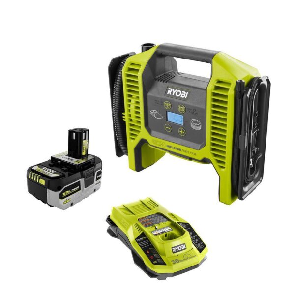 Ryobi ONE+ 18V Cordless Dual Function Inflator Deflator with HIGH PERFORMANCE 4.0 Ah Battery and Charger Kit RYOBI introduces the 18V ONE+ Dual Function Inflator/Deflator with HIGH PERFORMANCE 4.0 Ah Battery and Charger Kit. This inflator is capable of completing both high pressure and high volume applications. Powered by RYOBI 18V batteries, this unit has maximum portability for any location. The included 4.0 Ah Battery and 18V Charger are compatible with all RYOBI 18V ONE+ Tools. Best of all, it is part of the RYOBI ONE+ System of over 260 cordless tools that all work on the same battery platform. Backed by the RYOBI 3-Year Manufacturer's Warranty, the Dual Function Inflator/Deflator includes a high pressure hose, high pressure nozzle, Presta valve adaptor, sports ball needle, high volume hose, pinch valve nozzle, an 18V ONE+ HIGH PERFORMANCE 4.0 Ah Battery, an 18V Charger, and an operator's manual. Autofill shutoff for hands free inflation High volume inflation/deflation for large inflatables like air mattresses and pool toys Easy view precision digital gauge for easy, accurate, pressure readings Brass threaded tire chuck for durability and ease of use Cordless for convenient use in virtually any location Inflates a car tire from flat to full in 4 minutes (using P108 4.0 Ah LITHIUM+ Battery, not included) Inflates twin air mattresses in 30 seconds (using P108 4.0 Ah LITHIUM+ Battery, not included) Onboard storage for accessories The included battery features up to up to 4X more runtime Part of the RYOBI 18V ONE+ System of over 260 cordless tools 3-year manufacturer's warranty Includes: (1) P747 18V ONE+ Inflator, high pressure hose, high pressure nozzle, Presta valve adaptor, sports ball needle, high volume hose, pinch valve nozzle, (1) PBP004 18V ONE+ Lithium-Ion HIGH PERFORMANCE 4.0 Ah Battery, (1) PCG002 18V Charger, and an operator's