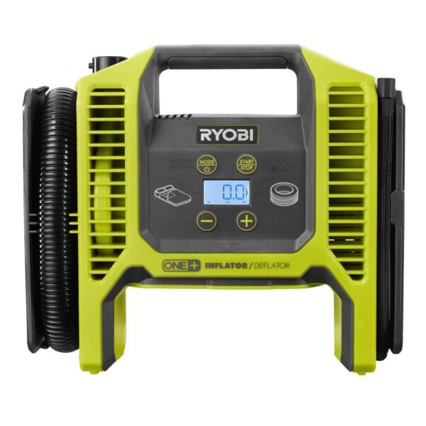 Ryobi ONE+ 18V Cordless Dual Function Inflator Deflator with HIGH PERFORMANCE 4.0 Ah Battery and Charger Kit RYOBI introduces the 18V ONE+ Dual Function Inflator/Deflator with HIGH PERFORMANCE 4.0 Ah Battery and Charger Kit. This inflator is capable of completing both high pressure and high volume applications. Powered by RYOBI 18V batteries, this unit has maximum portability for any location. The included 4.0 Ah Battery and 18V Charger are compatible with all RYOBI 18V ONE+ Tools. Best of all, it is part of the RYOBI ONE+ System of over 260 cordless tools that all work on the same battery platform. Backed by the RYOBI 3-Year Manufacturer's Warranty, the Dual Function Inflator/Deflator includes a high pressure hose, high pressure nozzle, Presta valve adaptor, sports ball needle, high volume hose, pinch valve nozzle, an 18V ONE+ HIGH PERFORMANCE 4.0 Ah Battery, an 18V Charger, and an operator's manual. Autofill shutoff for hands free inflation High volume inflation/deflation for large inflatables like air mattresses and pool toys Easy view precision digital gauge for easy, accurate, pressure readings Brass threaded tire chuck for durability and ease of use Cordless for convenient use in virtually any location Inflates a car tire from flat to full in 4 minutes (using P108 4.0 Ah LITHIUM+ Battery, not included) Inflates twin air mattresses in 30 seconds (using P108 4.0 Ah LITHIUM+ Battery, not included) Onboard storage for accessories The included battery features up to up to 4X more runtime Part of the RYOBI 18V ONE+ System of over 260 cordless tools 3-year manufacturer's warranty Includes: (1) P747 18V ONE+ Inflator, high pressure hose, high pressure nozzle, Presta valve adaptor, sports ball needle, high volume hose, pinch valve nozzle, (1) PBP004 18V ONE+ Lithium-Ion HIGH PERFORMANCE 4.0 Ah Battery, (1) PCG002 18V Charger, and an operator's