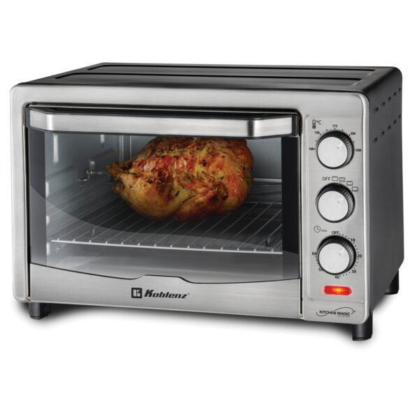 24-Liter Kitchen Magic Collection Oven with Rotisserie Koblenz Ideal for crispy bacon, toast, personal pizza, and even a full chicken, The Koblenz 24-Liter Kitchen Magic Collection Oven with Rotisserie features a roomy interior that can hold up to 9 slices of toast at a time, And temperature control up to 482°F. The simple stainless steel exterior fits in easily with any decor and the multi-position grill. This convenient and easy to use toaster oven will quickly become your favorite countertop appliance! Current Rating: 13.8900 AMPERE Material: Carbon Steel and Stainless Steel + Copper + Glass Product Dimensions (L x W x H, Weight): 18 x 17.32 x 11.81 in., 13.94 lbs. Roasts, toasts, broils, grills, and browns 24 liter capacity Rotisserie rod 4 cooking programs 9-slice capacity Convection system Fits a complete chicken for baking Adjustable thermostat 212ºF to 482ºF 60 minute timer with LED indicator Multi-position grill Porcelain iced tray for baking Pulling tray accessories Easy to clean 1,500 watt 2-year warranty Stainless steel Product Manual Here