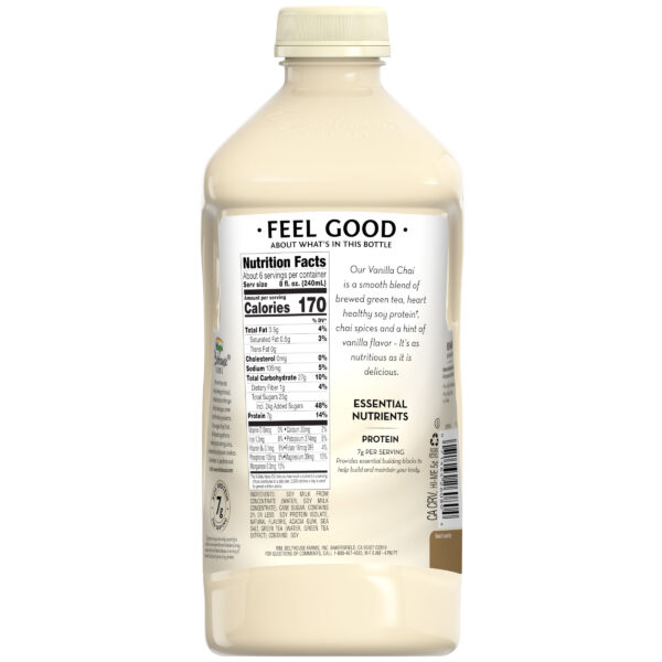 4 Bottles Perfectly Protein Bolthouse Farms Vanilla Chai Tea Drink, 52 fl. oz. Bolthouse Farms Perfectly Protein Vanilla Chai Tea Drink, 52 fl. oz. Bottle Natural green tea, with a hint of vanilla and spice flavors mixed into a creamy drink. All perfectly balanced with 7 grams of protein per serving, it makes for a delicious start to the day or the perfect afternoon snack. Ingredients Soy Milk From Concentrate (Water, Soy Milk Concentrate), Cane Sugar, Contains 2% Or Less: Soy Protein Isolate, Natural Flavors, Acacia Gum, Sea Salt, Green Tea (Water, Green Tea Extract) ATTN: Contains: soy. Creamy vanilla protein drink with a blend of sweet chai tea spice flavors Help keep your energy and spirits high No artificial preservatives, colors or flavors Bolthouse Farms offers a variety of drinks including fruit juice, vegetable juice, protein beverages, and more