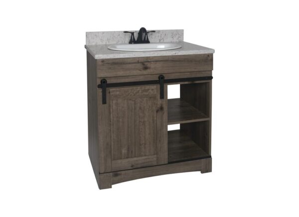 Dakota Sliding Barn Door 30 inches W x 21 inches D Barnwood Bathroom Vanity Cabinet This space saving Sliding Door Bathroom Cabinet features a shaker style design, interior storage and open shelf storage. The Barnwood finish is both unique and familiar; It's scumbled appearance presents the look of a painted wood surface, aged with decades of wear. It's the perfect look for your Rustic style. Cabinet Color Assorted Hardware Finish Black Cabinet Material Engineered Wood Installation Type Freestanding Number of Drawers No Drawers Assembly Details Fully Assembled Compatible Top Dimensions 31"x22" Toekick Style Open Dimensions 34.00 in H x 30.00 in W x 21-5/8 in D Weight 74.0 lbs ATTN:Vanity top and faucet sold separately Shaker door design with finished interior and open shelving Single barn door vanity base with toe kick Sliding barn door hardware Open shelf storage Comfortable 34" height Perfect for smaller bathrooms ATTN:Vanity top and faucet sold separately