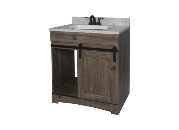 Dakota Sliding Barn Door 30 inches W x 21 inches D Barnwood Bathroom Vanity Cabinet This space saving Sliding Door Bathroom Cabinet features a shaker style design, interior storage and open shelf storage. The Barnwood finish is both unique and familiar; It's scumbled appearance presents the look of a painted wood surface, aged with decades of wear. It's the perfect look for your Rustic style. Cabinet Color Assorted Hardware Finish Black Cabinet Material Engineered Wood Installation Type Freestanding Number of Drawers No Drawers Assembly Details Fully Assembled Compatible Top Dimensions 31"x22" Toekick Style Open Dimensions 34.00 in H x 30.00 in W x 21-5/8 in D Weight 74.0 lbs ATTN:Vanity top and faucet sold separately Shaker door design with finished interior and open shelving Single barn door vanity base with toe kick Sliding barn door hardware Open shelf storage Comfortable 34" height Perfect for smaller bathrooms ATTN:Vanity top and faucet sold separately