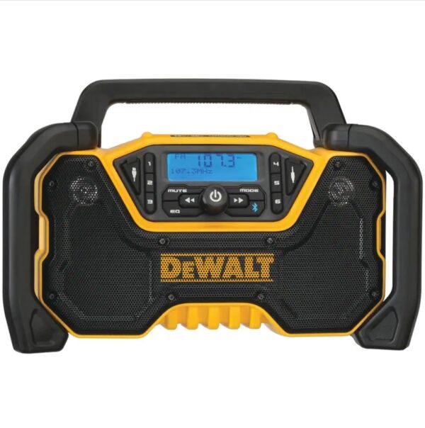 Dewalt 20-Volt MAX Compact Bluetooth Radio (Tool Only) The DEWALT DCR028B 12-Volt/20-Volt MAX Jobsite Bluetooth Radio provides premium sound in the toughest work environments. Its durable roll-cage design withstands drops and impacts, while innovative handle stores and protects radio antenna when not in use. Quad speakers kick out true stereo sound with deep bass. Stream music via Bluetooth from up to 100 ft. or connect through the built-in auxiliary port. AM/FM radio includes 6 customizable presets per band. A convenient USB port charges your mobile devices. DCR028B includes detachable AC power cord or power with DEWALT 12-Volt MAX, 20-Volt MAX or FLEXVOLT batteries (sold separately). Jobsite Bluetooth Radio includes 3-year limited warranty. Dual 3.5 in. woofers and 1 in. tweeters for stereo sound Heavy-duty roll cage with antenna slot for jobsite durability and protection Bluetooth connectivity up to 100 ft. away for music streaming AM/FM radio with 6 presets to customize to your favorite stations USB power port for device charging 3.5 mm auxiliary port to connect external devices Bass reflex port for enhanced low-frequency performance