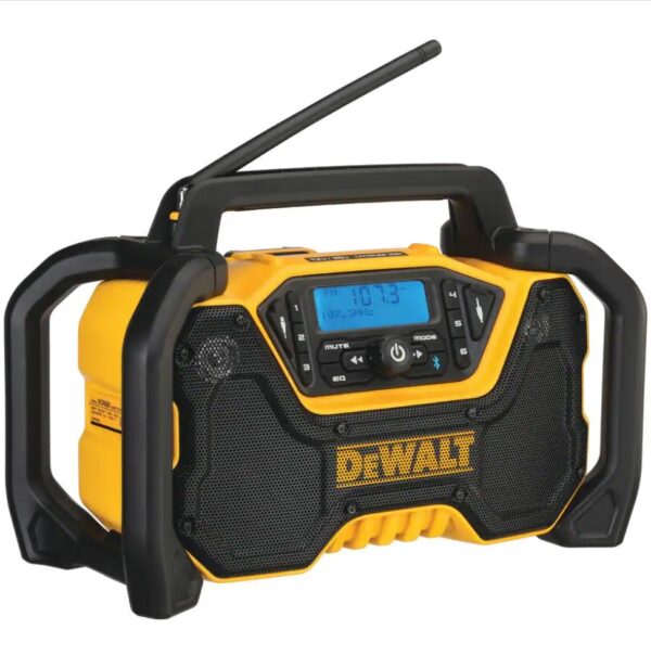 Dewalt 20-Volt MAX Compact Bluetooth Radio (Tool Only) The DEWALT DCR028B 12-Volt/20-Volt MAX Jobsite Bluetooth Radio provides premium sound in the toughest work environments. Its durable roll-cage design withstands drops and impacts, while innovative handle stores and protects radio antenna when not in use. Quad speakers kick out true stereo sound with deep bass. Stream music via Bluetooth from up to 100 ft. or connect through the built-in auxiliary port. AM/FM radio includes 6 customizable presets per band. A convenient USB port charges your mobile devices. DCR028B includes detachable AC power cord or power with DEWALT 12-Volt MAX, 20-Volt MAX or FLEXVOLT batteries (sold separately). Jobsite Bluetooth Radio includes 3-year limited warranty. Dual 3.5 in. woofers and 1 in. tweeters for stereo sound Heavy-duty roll cage with antenna slot for jobsite durability and protection Bluetooth connectivity up to 100 ft. away for music streaming AM/FM radio with 6 presets to customize to your favorite stations USB power port for device charging 3.5 mm auxiliary port to connect external devices Bass reflex port for enhanced low-frequency performance