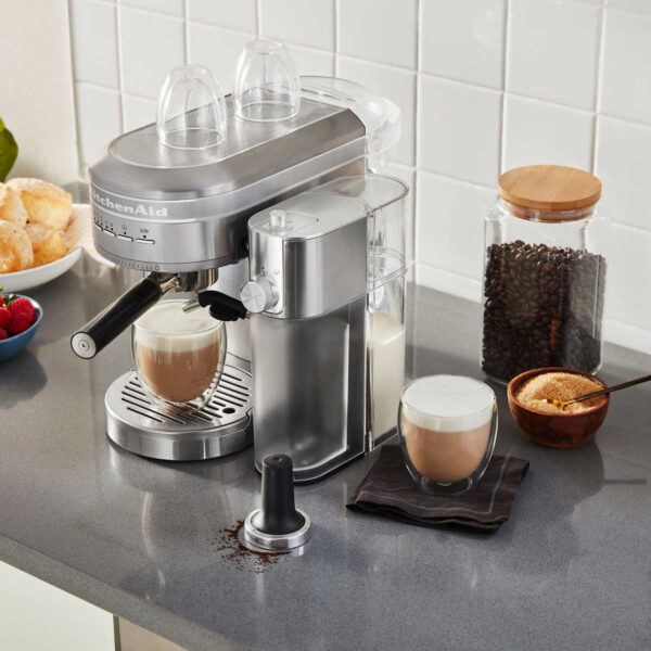 KitchenAid Metal Semi-Automatic Espresso Machine and Automatic Milk Frother Attachment Bundle Optimal Temperature for Authentic Tasting Espresso. Maintains Optimal Heat through Extraction. Prepare 1 or 2 Espresso Shots Frother Attaches to the KitchenAid Semi-Automatic Espresso Machine Steamed to the Ideal Temperature
