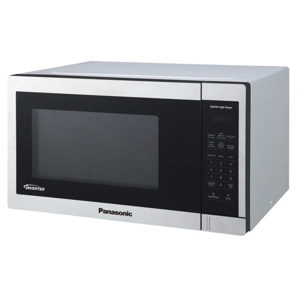 Panasonic 1.3CuFt Stainless Steel Countertop Microwave Oven NN-SC668S Inverter Cooking A seamless stream of cooking power evenly heats and reheats foods edges to center at all 10 power levels. • Minimal Footprint The microwave oven's minimal exterior footprint helps maximize limited countertop space. • 1200-Watt Cooking Power Enjoy faster cooking times with 1200 Watts high power to cook flavorful foods while maintaining natural nutrients. • Adaptable Glass Turntable Dishwasher-safe 12-13/32-in. glass turntable accommodates a variety of dish and plate sizes, including a moderate-size casserole dish. • Easy Clean Interior Improved 1.1 cu. ft. interior surface material enables quick, easy oven cleanup. • Turbo Defrost A dedicated sensor makes quick, even thawing easier with no frozen centers or overheated edges. • Touch-Pad Control Panel and LED Easily activates and controls 10 power levels, 7 auto cook menus, auto defrost and more. The bright white readout clearly shows cooking times and progress • 3-Level Popcorn Button Select the optimal popping temperature and time for different microwave bag capacities (3.2, 2.7, or 1.5 oz.). • Child Lock For safety, a child safety lock mode is included to keep young hands from operating the oven. • 30-Second Heating A quick 30-second timer lets you set cooking and reheating times in convenient 30-sec. intervals, or add a half-minute or two when needed. WARNINGWARNING: This product can expose you to chemicals including Lead, which are known to the State of California to cause cancer. For more information go to: www.P65Warnings.ca.gov.