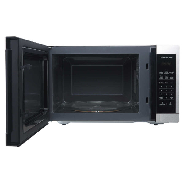 Panasonic 1.3CuFt Stainless Steel Countertop Microwave Oven NN-SC668S Inverter Cooking A seamless stream of cooking power evenly heats and reheats foods edges to center at all 10 power levels. • Minimal Footprint The microwave oven's minimal exterior footprint helps maximize limited countertop space. • 1200-Watt Cooking Power Enjoy faster cooking times with 1200 Watts high power to cook flavorful foods while maintaining natural nutrients. • Adaptable Glass Turntable Dishwasher-safe 12-13/32-in. glass turntable accommodates a variety of dish and plate sizes, including a moderate-size casserole dish. • Easy Clean Interior Improved 1.1 cu. ft. interior surface material enables quick, easy oven cleanup. • Turbo Defrost A dedicated sensor makes quick, even thawing easier with no frozen centers or overheated edges. • Touch-Pad Control Panel and LED Easily activates and controls 10 power levels, 7 auto cook menus, auto defrost and more. The bright white readout clearly shows cooking times and progress • 3-Level Popcorn Button Select the optimal popping temperature and time for different microwave bag capacities (3.2, 2.7, or 1.5 oz.). • Child Lock For safety, a child safety lock mode is included to keep young hands from operating the oven. • 30-Second Heating A quick 30-second timer lets you set cooking and reheating times in convenient 30-sec. intervals, or add a half-minute or two when needed. WARNINGWARNING: This product can expose you to chemicals including Lead, which are known to the State of California to cause cancer. For more information go to: www.P65Warnings.ca.gov.