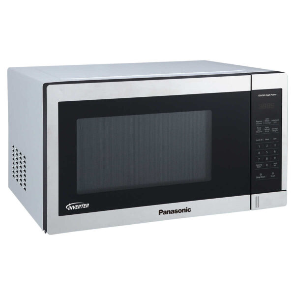 Panasonic 1.3CuFt Stainless Steel Countertop Microwave Oven NN-SC668S Inverter Cooking A seamless stream of cooking power evenly heats and reheats foods edges to center at all 10 power levels. • Minimal Footprint The microwave oven's minimal exterior footprint helps maximize limited countertop space. • 1200-Watt Cooking Power Enjoy faster cooking times with 1200 Watts high power to cook flavorful foods while maintaining natural nutrients. • Adaptable Glass Turntable Dishwasher-safe 12-13/32-in. glass turntable accommodates a variety of dish and plate sizes, including a moderate-size casserole dish. • Easy Clean Interior Improved 1.1 cu. ft. interior surface material enables quick, easy oven cleanup. • Turbo Defrost A dedicated sensor makes quick, even thawing easier with no frozen centers or overheated edges. • Touch-Pad Control Panel and LED Easily activates and controls 10 power levels, 7 auto cook menus, auto defrost and more. The bright white readout clearly shows cooking times and progress • 3-Level Popcorn Button Select the optimal popping temperature and time for different microwave bag capacities (3.2, 2.7, or 1.5 oz.). • Child Lock For safety, a child safety lock mode is included to keep young hands from operating the oven. • 30-Second Heating A quick 30-second timer lets you set cooking and reheating times in convenient 30-sec. intervals, or add a half-minute or two when needed. WARNINGWARNING: This product can expose you to chemicals including Lead, which are known to the State of California to cause cancer. For more information go to: www.P65Warnings.ca.gov.