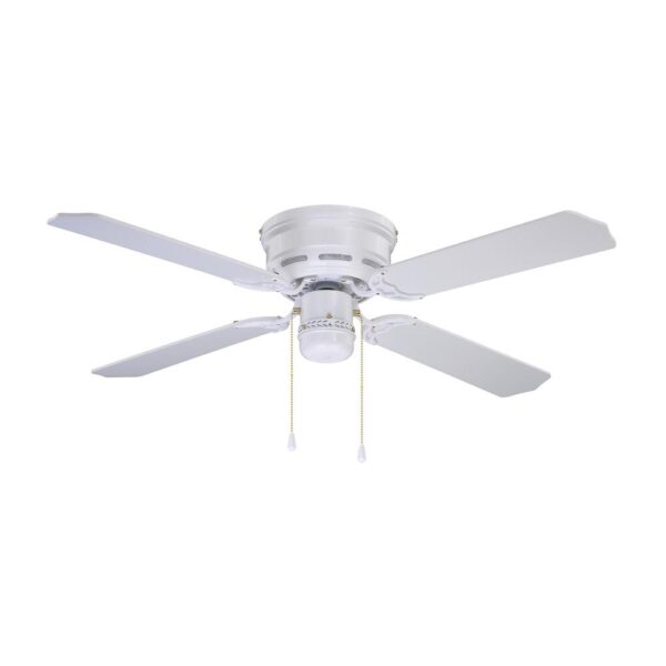 Patriot Lighting Eros II 42 inches White Indoor LEDCeiling Fan The Patriot Lighting classic schoolhouse Eros II 42-inch LED ceiling fan features a white finish with traditional styles. This ceiling fan is affixed with a schoolhouse globe, and includes an energy-saving LED bulb, allowing you to illuminate your space efficiently. The reversible, whisper-quiet three-speed motor provides upward and downward airflow for desired air circulation and year-round comfort. Airflow 2004 CFM WiFi Compatible No Bulb Base E26 Blade Finish White/Washed Oak Bulb Shape A-Line Bulbs Included Yes Control Type Pull Chain Includes Installation Instructions;, Light Bulbs;, Housing Cap;, Mounting Hardware;, Pull Chain Listing Agency Standards ETL Listed Maximum Wattage per Socket 60 Mounting Type Flush Mount Number of Speeds 3 Shade/Diffuser Color/Finish Opal Features Diammable LED Dimensions 16.25 in H x 9.00 in W x 6.75 in D Weight 8.36 pounds Includes pull chain that allows for light on/off and fan speed adjustments quickly and easily Flush mount style ceiling fan is ideal for low ceiling application Dimmable for adjustable light brightness (compatible dimmer required) Includes (1) 60-Watt-equivalent LED bulb using 6 watts, has a CRI of 80, a color temperature of 2913K (Warm White), and is 513 lumens Life expectancy of 15,000 hours