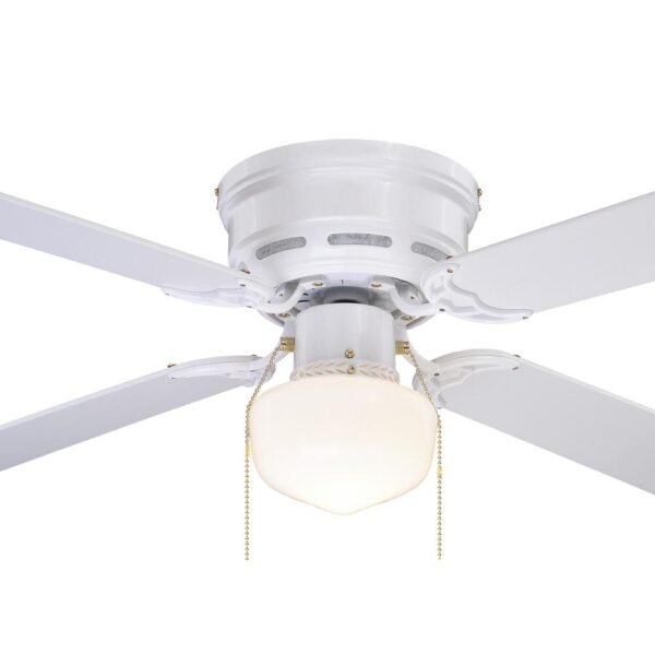 Patriot Lighting Eros II 42 inches White Indoor LEDCeiling Fan The Patriot Lighting classic schoolhouse Eros II 42-inch LED ceiling fan features a white finish with traditional styles. This ceiling fan is affixed with a schoolhouse globe, and includes an energy-saving LED bulb, allowing you to illuminate your space efficiently. The reversible, whisper-quiet three-speed motor provides upward and downward airflow for desired air circulation and year-round comfort. Airflow 2004 CFM WiFi Compatible No Bulb Base E26 Blade Finish White/Washed Oak Bulb Shape A-Line Bulbs Included Yes Control Type Pull Chain Includes Installation Instructions;, Light Bulbs;, Housing Cap;, Mounting Hardware;, Pull Chain Listing Agency Standards ETL Listed Maximum Wattage per Socket 60 Mounting Type Flush Mount Number of Speeds 3 Shade/Diffuser Color/Finish Opal Features Diammable LED Dimensions 16.25 in H x 9.00 in W x 6.75 in D Weight 8.36 pounds Includes pull chain that allows for light on/off and fan speed adjustments quickly and easily Flush mount style ceiling fan is ideal for low ceiling application Dimmable for adjustable light brightness (compatible dimmer required) Includes (1) 60-Watt-equivalent LED bulb using 6 watts, has a CRI of 80, a color temperature of 2913K (Warm White), and is 513 lumens Life expectancy of 15,000 hours