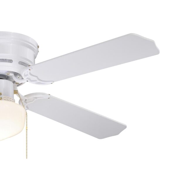 Patriot Lighting Eros II 42 inches White Indoor LEDCeiling Fan The Patriot Lighting classic schoolhouse Eros II 42-inch LED ceiling fan features a white finish with traditional styles. This ceiling fan is affixed with a schoolhouse globe, and includes an energy-saving LED bulb, allowing you to illuminate your space efficiently. The reversible, whisper-quiet three-speed motor provides upward and downward airflow for desired air circulation and year-round comfort. Airflow 2004 CFM WiFi Compatible No Bulb Base E26 Blade Finish White/Washed Oak Bulb Shape A-Line Bulbs Included Yes Control Type Pull Chain Includes Installation Instructions;, Light Bulbs;, Housing Cap;, Mounting Hardware;, Pull Chain Listing Agency Standards ETL Listed Maximum Wattage per Socket 60 Mounting Type Flush Mount Number of Speeds 3 Shade/Diffuser Color/Finish Opal Features Diammable LED Dimensions 16.25 in H x 9.00 in W x 6.75 in D Weight 8.36 pounds Includes pull chain that allows for light on/off and fan speed adjustments quickly and easily Flush mount style ceiling fan is ideal for low ceiling application Dimmable for adjustable light brightness (compatible dimmer required) Includes (1) 60-Watt-equivalent LED bulb using 6 watts, has a CRI of 80, a color temperature of 2913K (Warm White), and is 513 lumens Life expectancy of 15,000 hours