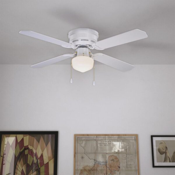 Patriot Lighting Eros II 42 inches White Indoor LEDCeiling Fan The Patriot Lighting classic schoolhouse Eros II 42-inch LED ceiling fan features a white finish with traditional styles. This ceiling fan is affixed with a schoolhouse globe, and includes an energy-saving LED bulb, allowing you to illuminate your space efficiently. The reversible, whisper-quiet three-speed motor provides upward and downward airflow for desired air circulation and year-round comfort. Airflow 2004 CFM WiFi Compatible No Bulb Base E26 Blade Finish White/Washed Oak Bulb Shape A-Line Bulbs Included Yes Control Type Pull Chain Includes Installation Instructions;, Light Bulbs;, Housing Cap;, Mounting Hardware;, Pull Chain Listing Agency Standards ETL Listed Maximum Wattage per Socket 60 Mounting Type Flush Mount Number of Speeds 3 Shade/Diffuser Color/Finish Opal Features Diammable LED Dimensions 16.25 in H x 9.00 in W x 6.75 in D Weight 8.36 pounds Includes pull chain that allows for light on/off and fan speed adjustments quickly and easily Flush mount style ceiling fan is ideal for low ceiling application Dimmable for adjustable light brightness (compatible dimmer required) Includes (1) 60-Watt-equivalent LED bulb using 6 watts, has a CRI of 80, a color temperature of 2913K (Warm White), and is 513 lumens Life expectancy of 15,000 hours