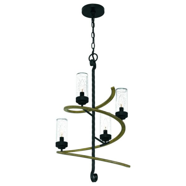 Cas Matte Black 4-Light Chandelier Patriot Lighting® The combination of matte black and wood finish adds modern and natural elements. Painted wood softens the frame's matte black finish adding a simple yet powerful style statement to any home. Tiered lights illuminate any space with elegance. Bulb Base E12 Candelabra Fixture Color/Finish Matte Black Metal and Faux Wood Listing Agency Standards ETL Listed Maximum Wattage per Socket 100 watt Shade/Diffuser Fitter Size 2.5 in. DIA x 6 in. H Voltage 120 volt Bulbs Included No Maximum Hanging Length 81 inch Number of Bulbs Required 4 Shade/Diffuser Color/Finish Clear Seeded Glass Shade/Diffuser Material Glass Dimensions 28 in H x 16 in W x 16 in D Weight 6.62 pounds Dimmable for adjustable light brightness (compatible dimmer required) Mounting hardware and assembly instructions included This hanging fixture uses a chain 4' chain included to ensure proper distance from the ceiling and set your preferred height This fixture can be installed on a standard and sloped ceiling mounting