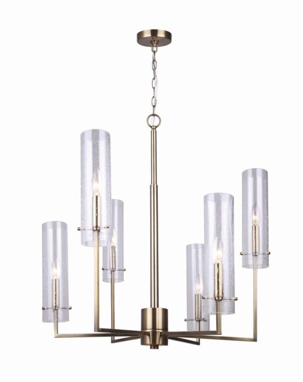 Gianessa Gold 6-Light Chandelier Patriot Lighting® Gianessa embodies everything you are looking for in a chandelier with its unique six-light design, beautiful gold finish, and cylindrical seeded glass shade on the end of each arm. Gianessa was designed to be the center of attention, making it the perfect addition to your front entryway for everyone to see the minute they walk through the door. Bulb Base  E12 Candelabra Fixture Color Family  Gold Bulb Shape Decorative Bulbs Included  No Fixture Color/Finish  Gold Listing Agency Standards  CSA-US Listed Number of Bulbs Required  6 Maximum Wattage per Socket  60 watt Shade/Diffuser Color/Finish  Seeded glass Shade/Diffuser Fitter Size  .236 " inch Shade/Diffuser Material  Glass Total Light Wattage  360 Voltage  120 volt Maximum Height 90.5 inch Dimensions  30.5 in H x 26 in W x 26 in D Beautiful yet affordable lighting Detailed seeded glass Enhance the candlelight look with vintage-style bulbs Easy-to-follow assembly and installation instructions included Includes (1) fixture, (6) glass globes, (1) hardware kit, and (1) 5" chain Includes 5' matching chain and 6' electrical cord