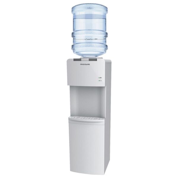 Frigidaire Enclosed Hot and Cold Water Cooler Dispenser (White) Accepts standard 3 or 5 gal. water bottles Stainless steel welded tank prevents from overheating and draining water 100 watt cooling power; 420 watt heating power Hot and cold water, with safety lock for hot button Compressor-cooled for always-cold water Fashionable, low-noise design saves power Indicator lights for ease in operation Removable drip tray for easy cleanup Adjustable front leveling legs White Product Manual Here SDS Here Warranty Here