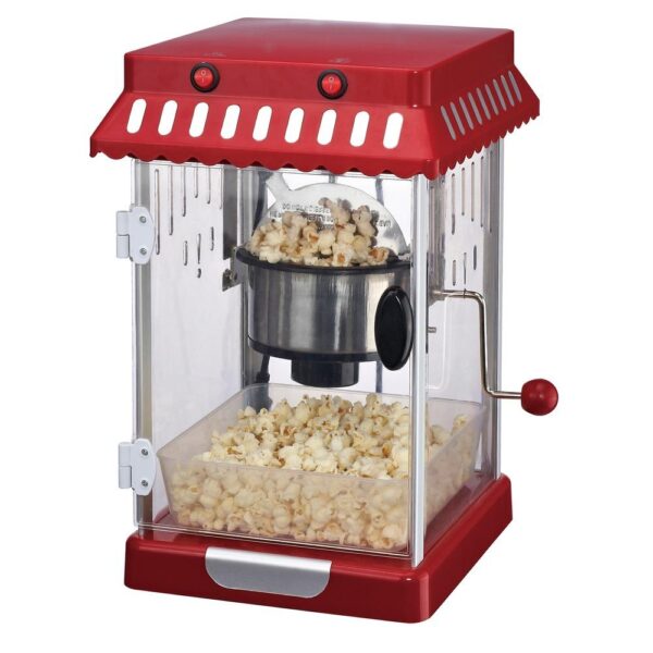 Frigidaire Retro 2.5-Ounce Theater-Style Countertop Popcorn Maker Dual-hinged, large 2.5 oz. stainless steel kettle with built-in 360º stirring system Clear-view popping chamber Classic theater popcorn maker look Stainless steel kettle Easy and convenient to use Takes about 5 to 7 minutes to make each batch Healthy snack-popcorn requires no oil Butter-melting cup doubles as a measuring cup Voltage: 110 volts to 120 volts Power consumption: 310 watts Includes butter melting cup/measuring cup and removable popcorn tray Product Manual Here Warranty Here