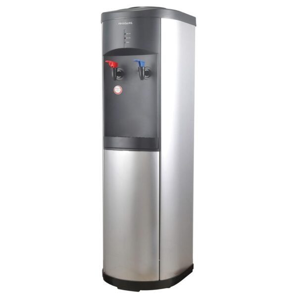 Frigidaire Water Cooler Dispenser for 3- and 5-Gallon Water Bottles Designed for use with 3 and 5 gal. water bottles (sold separately) Hot-and-cold water dispenser is made of sturdy stainless steel with stainless steel body and water tank Compressor-cooled so there is always cold water Child-resistant hot water safety feature Double safety device for preventing overheating Power, cooling, and heating indicator lights Push-button controls Removable drip tray Sets up in minutes, no plumbing required Stainless Steel and Black