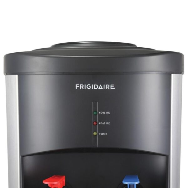 Frigidaire Water Cooler Dispenser for 3- and 5-Gallon Water Bottles Designed for use with 3 and 5 gal. water bottles (sold separately) Hot-and-cold water dispenser is made of sturdy stainless steel with stainless steel body and water tank Compressor-cooled so there is always cold water Child-resistant hot water safety feature Double safety device for preventing overheating Power, cooling, and heating indicator lights Push-button controls Removable drip tray Sets up in minutes, no plumbing required Stainless Steel and Black