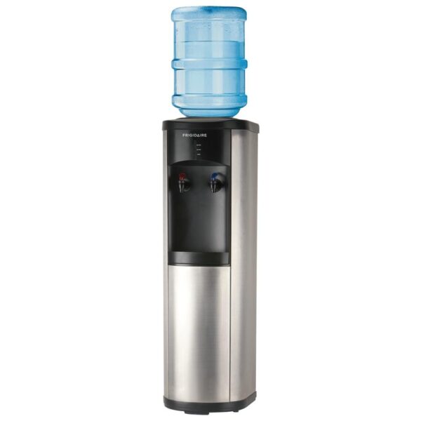 Frigidaire Water Cooler Dispenser for 3- and 5-Gallon Water Bottles Designed for use with 3 and 5 gal. water bottles (sold separately) Hot-and-cold water dispenser is made of sturdy stainless steel with stainless steel body and water tank Compressor-cooled so there is always cold water Child-resistant hot water safety feature Double safety device for preventing overheating Power, cooling, and heating indicator lights Push-button controls Removable drip tray Sets up in minutes, no plumbing required Stainless Steel and Black