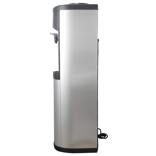 Frigidaire Water Cooler Dispenser for 3- and 5-Gallon Water Bottles Designed for use with 3 and 5 gal. water bottles (sold separately) Hot-and-cold water dispenser is made of sturdy stainless steel with stainless steel body and water tank Compressor-cooled so there is always cold water Child-resistant hot water safety feature Double safety device for preventing overheating Power, cooling, and heating indicator lights Push-button controls Removable drip tray Sets up in minutes, no plumbing required Stainless Steel and Black