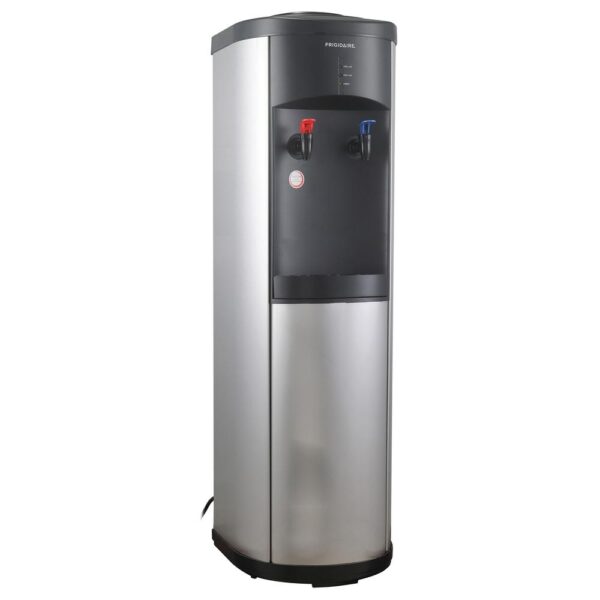 Frigidaire Water Cooler Dispenser for 3- and 5-Gallon Water Bottles Designed for use with 3 and 5 gal. water bottles (sold separately) Hot-and-cold water dispenser is made of sturdy stainless steel with stainless steel body and water tank Compressor-cooled so there is always cold water Child-resistant hot water safety feature Double safety device for preventing overheating Power, cooling, and heating indicator lights Push-button controls Removable drip tray Sets up in minutes, no plumbing required Stainless Steel and Black