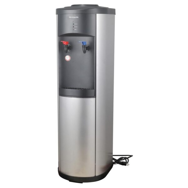 Frigidaire Water Cooler Dispenser for 3- and 5-Gallon Water Bottles Designed for use with 3 and 5 gal. water bottles (sold separately) Hot-and-cold water dispenser is made of sturdy stainless steel with stainless steel body and water tank Compressor-cooled so there is always cold water Child-resistant hot water safety feature Double safety device for preventing overheating Power, cooling, and heating indicator lights Push-button controls Removable drip tray Sets up in minutes, no plumbing required Stainless Steel and Black