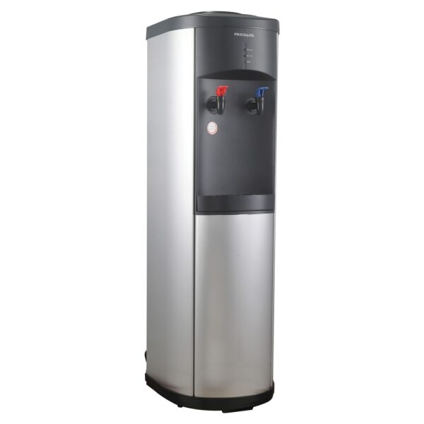 Frigidaire Water Cooler Dispenser for 3- and 5-Gallon Water Bottles Designed for use with 3 and 5 gal. water bottles (sold separately) Hot-and-cold water dispenser is made of sturdy stainless steel with stainless steel body and water tank Compressor-cooled so there is always cold water Child-resistant hot water safety feature Double safety device for preventing overheating Power, cooling, and heating indicator lights Push-button controls Removable drip tray Sets up in minutes, no plumbing required Stainless Steel and Black