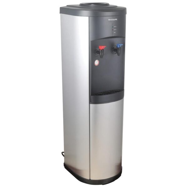 Frigidaire Water Cooler Dispenser for 3- and 5-Gallon Water Bottles Designed for use with 3 and 5 gal. water bottles (sold separately) Hot-and-cold water dispenser is made of sturdy stainless steel with stainless steel body and water tank Compressor-cooled so there is always cold water Child-resistant hot water safety feature Double safety device for preventing overheating Power, cooling, and heating indicator lights Push-button controls Removable drip tray Sets up in minutes, no plumbing required Stainless Steel and Black