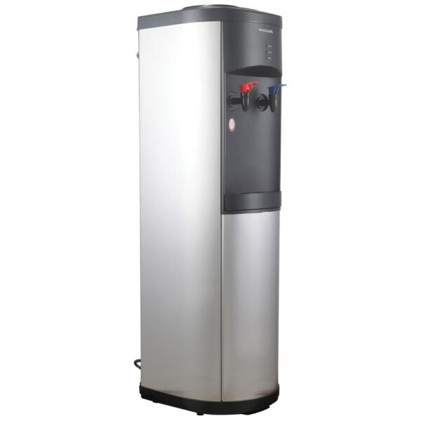 Frigidaire Water Cooler Dispenser for 3- and 5-Gallon Water Bottles Designed for use with 3 and 5 gal. water bottles (sold separately) Hot-and-cold water dispenser is made of sturdy stainless steel with stainless steel body and water tank Compressor-cooled so there is always cold water Child-resistant hot water safety feature Double safety device for preventing overheating Power, cooling, and heating indicator lights Push-button controls Removable drip tray Sets up in minutes, no plumbing required Stainless Steel and Black