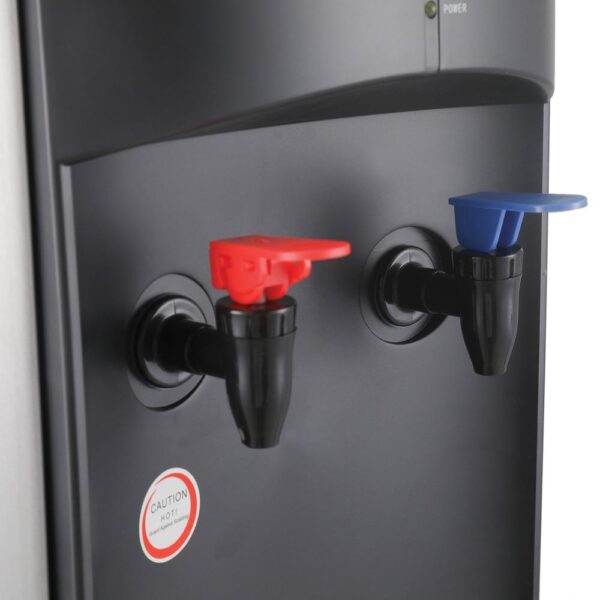 Frigidaire Water Cooler Dispenser for 3- and 5-Gallon Water Bottles Designed for use with 3 and 5 gal. water bottles (sold separately) Hot-and-cold water dispenser is made of sturdy stainless steel with stainless steel body and water tank Compressor-cooled so there is always cold water Child-resistant hot water safety feature Double safety device for preventing overheating Power, cooling, and heating indicator lights Push-button controls Removable drip tray Sets up in minutes, no plumbing required Stainless Steel and Black