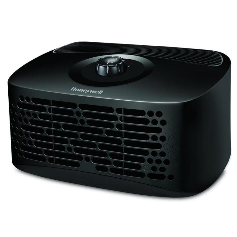 Honeywell True HEPA Tabletop Air Purifier - 80 sq.ft. HEPA Filtration: helps capture up to 99.97% of the following microscopic airborne allergens and particles: dust, pollen, pet dander, dust mite debris and smoke (1) Helps reduce odors and VOCs (3) Independently tested and AHAM Verifide to circulate and filter room air up to 4.8x per hour (2) 3 Cleaning Levels Filter Check/Reset Light tells you when it’s time to change your filter Use only Genuine Honeywell Replacement Filters for best results Recommended filter replacement: 1 Certified HEPA G filter every 12 months and 1 A carbon odor/VOC Pre-Filter every 3 months This product earned the ENERGY STAR label by meeting strict energy efficient guidelines set by the U.S. EPA. Room air cleaners have demonstrated the potential for improving air quality and providing health benefits. EPA does not endorse manufacturer claims regarding the degree to which a specific product will produce healthier indoor air (1) From the air that passes through the filter, 0.3 microns and larger. (2) Based on 3rd party independent CADR testing for the smoke CADR value when operated at the highest level. Air circulation depends on many factors, such as room size and configuration. There is no guarantee that all of the air in a room will pass through the filter. (3) When operated with the odor reducing pre-filter. It is recommended to always use the pre-filter when operating this air purifier.