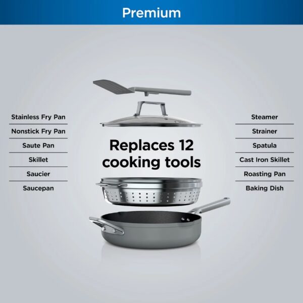 Ninja Foodi NeverStick PossiblePan 4-qt. Pan Your new 4-quart go-to pan replaces 12 cooking tools, including a stainless-steel fry pan, nonstick fry pan, sauté pan, skillet, saucier, saucepan, steamer, strainer, spatula, cast iron skillet, roasting pan, and baking dish. Easily go from stovetop to oven to table with a pan that’s compatible with all cooktops, oven safe up to 500°F so you can bake like cast iron, and designed to double as a serving dish. Integrated utensil conveniently stores on the lid and is tailor-made to match the curvature of the pan to make scraping, scooping, and serving easy. Integrated stainless-steel steamer and strainer basket can steam veggies and dumplings, and doubles as a strainer for pasta thanks to the pan’s convenient pour spout and ergonomic handles. Durable forged aluminum design quickly distributes and retains heat for excellent searing and perfect results every time. Ninja Foodi NeverStick PossiblePan won't stick, chip, or flake. Super-heated at 30,000°F, plasma ceramic particles are fused to the pan’s surface, creating a super-hard, surface that interlocks with our exclusive coating for a superior bond. NeverStick Technology is an exclusive nonstick coating that delivers easy food release day after day without sticking. NeverStick interior enables you to quickly wipe away messes and is dishwasher safe for easy cleaning. Made with only FDA-approved food-safe materials. Free of PFOA, cadmium, and lead. Compatible with gas, electric, glass ceramic, and induction stovetops. WHAT'S INCLUDED 4-qt. PossiblePan, integrated stainless steel steamer/strainer basket, 11-in. glass lid, integrated detachable spatula & user/recipe guides