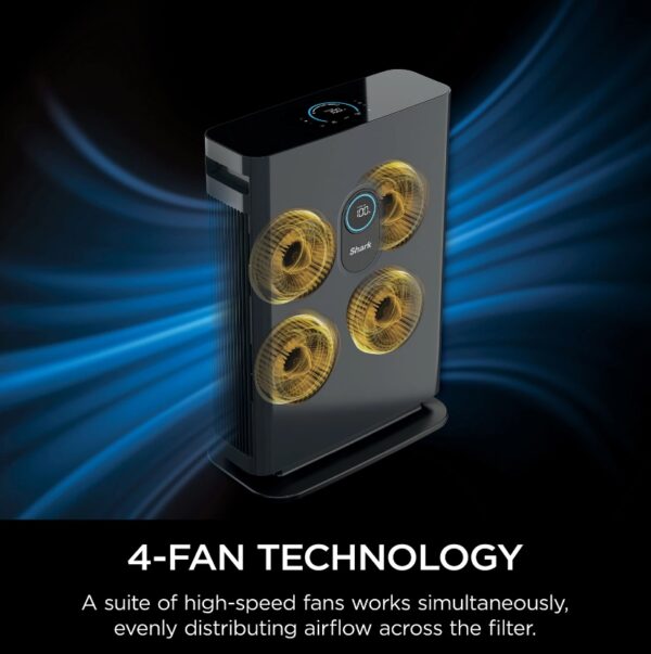 Shark Air Purifier 4 True HEPA with Advanced Odor and Fumes Lock The Shark™ Air Purifier 4 with Anti-Allergen Multi-Filter uses Clean Sense IQ™ technology to constantly track air quality & auto-adjust power. It purifies the air with 4 powerful fans and anti-allergen HEPA filtration with advanced odor protection. Four high-speed micro-fans work together to evenly distribute airflow across the filter and provide a remarkably quiet clean, and incredibly fast clean air delivery rate. Clean Sense IQ™ tracks air quality and auto-adjusts to constantly maintain clean air in your home. The easy-to-use control panel displays data in real time. The Shark™ Air Purifier 4-Fan NANOSEAL™ Filter with true HEPA and Advanced Odor Lock & Fumes Lock captures 99.98% of large, small, & micro sized particles from the air and is equipped with carbon for heightened protection against household odors (cooking, cleaning products, & more), VOCs, and fumes such as formaldehyde found in plants, furniture, and flooring. Shark’s revolutionary 4-fan technology combines with a real time feedback display to give you clarity and confidence in the air you breathe. The four fans working together in tandem generate the power to purify up to 1,000 square feet evenly distributing airflow across the filter. An easy-to-use remote gives you complete control from up to 15 feet away. Assembled Size  17"L x .8.89" W x 24.29" H 120 volts Charcoal Gray LED dual display Touch screen 4 settings Filter with true HEPA captures 99.98% of large, small, & micro-sized particles 4 high-speed micro-fans work together to evenly distribute airflow Advanced odor guard protects against household odors Four high-speed fans provide a remarkably quiet clean Clean Sense IQ™ tracks air quality and auto-adjusts to maintain clean air