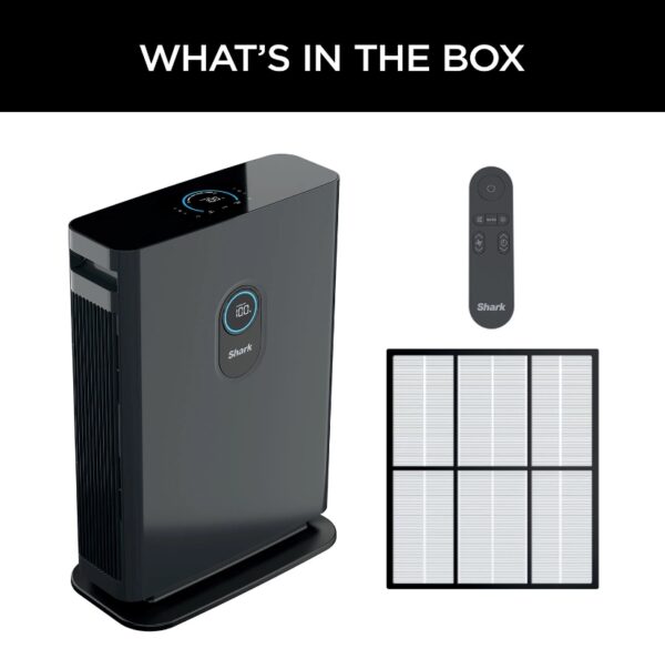 Shark Air Purifier 4 True HEPA with Advanced Odor and Fumes Lock The Shark™ Air Purifier 4 with Anti-Allergen Multi-Filter uses Clean Sense IQ™ technology to constantly track air quality & auto-adjust power. It purifies the air with 4 powerful fans and anti-allergen HEPA filtration with advanced odor protection. Four high-speed micro-fans work together to evenly distribute airflow across the filter and provide a remarkably quiet clean, and incredibly fast clean air delivery rate. Clean Sense IQ™ tracks air quality and auto-adjusts to constantly maintain clean air in your home. The easy-to-use control panel displays data in real time. The Shark™ Air Purifier 4-Fan NANOSEAL™ Filter with true HEPA and Advanced Odor Lock & Fumes Lock captures 99.98% of large, small, & micro sized particles from the air and is equipped with carbon for heightened protection against household odors (cooking, cleaning products, & more), VOCs, and fumes such as formaldehyde found in plants, furniture, and flooring. Shark’s revolutionary 4-fan technology combines with a real time feedback display to give you clarity and confidence in the air you breathe. The four fans working together in tandem generate the power to purify up to 1,000 square feet evenly distributing airflow across the filter. An easy-to-use remote gives you complete control from up to 15 feet away. Assembled Size  17"L x .8.89" W x 24.29" H 120 volts Charcoal Gray LED dual display Touch screen 4 settings Filter with true HEPA captures 99.98% of large, small, & micro-sized particles 4 high-speed micro-fans work together to evenly distribute airflow Advanced odor guard protects against household odors Four high-speed fans provide a remarkably quiet clean Clean Sense IQ™ tracks air quality and auto-adjusts to maintain clean air
