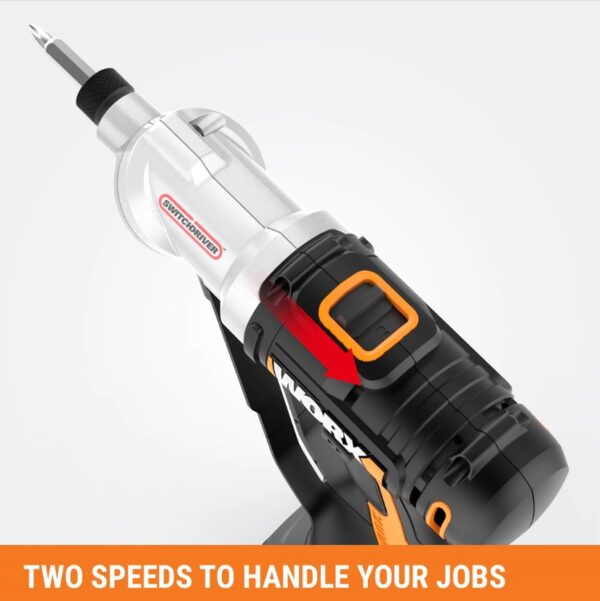 Worx POWER SHARE 20-Volt Switchdriver Cordless 1 4 in. Drill and Driver with 67-Piece Accessory Kit [SWITCH BETWEEN 2 BITS INSTANTLY] No need to stop to change out a bit, just turn the head to cycle between your 2 most useful bits [ELECTRONIC TORQUE CONTROL] Get the perfect amount of torque for the task at hand-prevents stripping, peeling, and damaging the work surface [DO IT ALL WITH THE SAME BATTERY] Worx Power Share is compatible with all Worx 20v and 40v tools, outdoor power and lifestyle products [LED WORK LIGHT] With a headlamp right on the front of the Switchdriver, you can see what you're drilling in dark areas [2-SPEED GEARING] Between the 2 speeds and the 12 torque settings you have enough flexibility to do every common drilling application correctly [1/4" HEX QUICK CHANGE CHUCKS] When you do need that 3rd or 4th bit, the standard chucks accept all regular ¼" bits you find at your neighborhood hardware store [67-PIECE ACCESSORY KIT] Includes 2) 1.5Ah batteries, 1) 5-hour charger, 11)HSS Twist Drill Bits, 5) Spade Wood Drill Bits, 4) Tile Drill Bits, 2) 6" Power Screwdriving Bits, 7) 2" Power Screwdriving Bits, 1) Bit Holder, 17)1" Insert Bits, 3) Nutsetters, 8)SAE Sockets, 8) Metric Sockets, 1) 1/4" Drive Socket Adapter, Blow-molded case