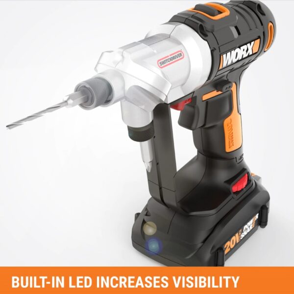 Worx POWER SHARE 20-Volt Switchdriver Cordless 1 4 in. Drill and Driver with 67-Piece Accessory Kit [SWITCH BETWEEN 2 BITS INSTANTLY] No need to stop to change out a bit, just turn the head to cycle between your 2 most useful bits [ELECTRONIC TORQUE CONTROL] Get the perfect amount of torque for the task at hand-prevents stripping, peeling, and damaging the work surface [DO IT ALL WITH THE SAME BATTERY] Worx Power Share is compatible with all Worx 20v and 40v tools, outdoor power and lifestyle products [LED WORK LIGHT] With a headlamp right on the front of the Switchdriver, you can see what you're drilling in dark areas [2-SPEED GEARING] Between the 2 speeds and the 12 torque settings you have enough flexibility to do every common drilling application correctly [1/4" HEX QUICK CHANGE CHUCKS] When you do need that 3rd or 4th bit, the standard chucks accept all regular ¼" bits you find at your neighborhood hardware store [67-PIECE ACCESSORY KIT] Includes 2) 1.5Ah batteries, 1) 5-hour charger, 11)HSS Twist Drill Bits, 5) Spade Wood Drill Bits, 4) Tile Drill Bits, 2) 6" Power Screwdriving Bits, 7) 2" Power Screwdriving Bits, 1) Bit Holder, 17)1" Insert Bits, 3) Nutsetters, 8)SAE Sockets, 8) Metric Sockets, 1) 1/4" Drive Socket Adapter, Blow-molded case