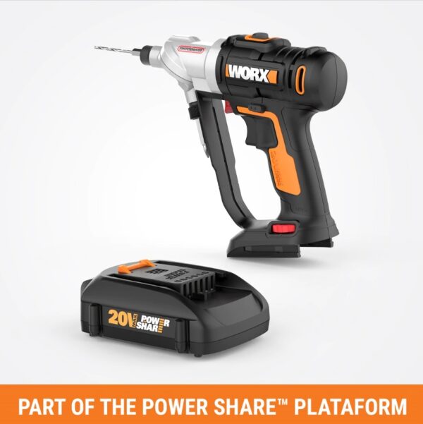 Worx POWER SHARE 20-Volt Switchdriver Cordless 1 4 in. Drill and Driver with 67-Piece Accessory Kit [SWITCH BETWEEN 2 BITS INSTANTLY] No need to stop to change out a bit, just turn the head to cycle between your 2 most useful bits [ELECTRONIC TORQUE CONTROL] Get the perfect amount of torque for the task at hand-prevents stripping, peeling, and damaging the work surface [DO IT ALL WITH THE SAME BATTERY] Worx Power Share is compatible with all Worx 20v and 40v tools, outdoor power and lifestyle products [LED WORK LIGHT] With a headlamp right on the front of the Switchdriver, you can see what you're drilling in dark areas [2-SPEED GEARING] Between the 2 speeds and the 12 torque settings you have enough flexibility to do every common drilling application correctly [1/4" HEX QUICK CHANGE CHUCKS] When you do need that 3rd or 4th bit, the standard chucks accept all regular ¼" bits you find at your neighborhood hardware store [67-PIECE ACCESSORY KIT] Includes 2) 1.5Ah batteries, 1) 5-hour charger, 11)HSS Twist Drill Bits, 5) Spade Wood Drill Bits, 4) Tile Drill Bits, 2) 6" Power Screwdriving Bits, 7) 2" Power Screwdriving Bits, 1) Bit Holder, 17)1" Insert Bits, 3) Nutsetters, 8)SAE Sockets, 8) Metric Sockets, 1) 1/4" Drive Socket Adapter, Blow-molded case