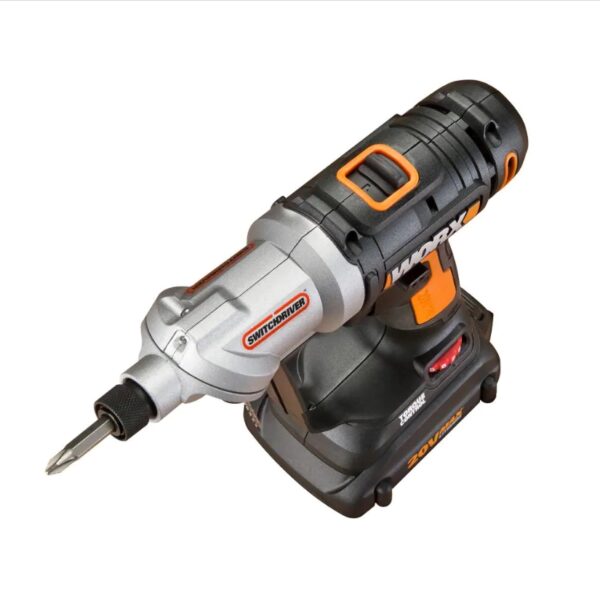 Worx POWER SHARE 20-Volt Switchdriver Cordless 1 4 in. Drill and Driver with 67-Piece Accessory Kit [SWITCH BETWEEN 2 BITS INSTANTLY] No need to stop to change out a bit, just turn the head to cycle between your 2 most useful bits [ELECTRONIC TORQUE CONTROL] Get the perfect amount of torque for the task at hand-prevents stripping, peeling, and damaging the work surface [DO IT ALL WITH THE SAME BATTERY] Worx Power Share is compatible with all Worx 20v and 40v tools, outdoor power and lifestyle products [LED WORK LIGHT] With a headlamp right on the front of the Switchdriver, you can see what you're drilling in dark areas [2-SPEED GEARING] Between the 2 speeds and the 12 torque settings you have enough flexibility to do every common drilling application correctly [1/4" HEX QUICK CHANGE CHUCKS] When you do need that 3rd or 4th bit, the standard chucks accept all regular ¼" bits you find at your neighborhood hardware store [67-PIECE ACCESSORY KIT] Includes 2) 1.5Ah batteries, 1) 5-hour charger, 11)HSS Twist Drill Bits, 5) Spade Wood Drill Bits, 4) Tile Drill Bits, 2) 6" Power Screwdriving Bits, 7) 2" Power Screwdriving Bits, 1) Bit Holder, 17)1" Insert Bits, 3) Nutsetters, 8)SAE Sockets, 8) Metric Sockets, 1) 1/4" Drive Socket Adapter, Blow-molded case