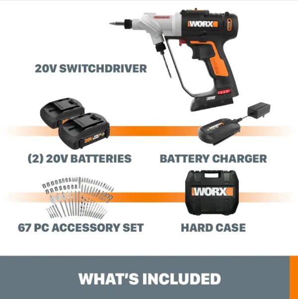 Worx POWER SHARE 20-Volt Switchdriver Cordless 1 4 in. Drill and Driver with 67-Piece Accessory Kit [SWITCH BETWEEN 2 BITS INSTANTLY] No need to stop to change out a bit, just turn the head to cycle between your 2 most useful bits [ELECTRONIC TORQUE CONTROL] Get the perfect amount of torque for the task at hand-prevents stripping, peeling, and damaging the work surface [DO IT ALL WITH THE SAME BATTERY] Worx Power Share is compatible with all Worx 20v and 40v tools, outdoor power and lifestyle products [LED WORK LIGHT] With a headlamp right on the front of the Switchdriver, you can see what you're drilling in dark areas [2-SPEED GEARING] Between the 2 speeds and the 12 torque settings you have enough flexibility to do every common drilling application correctly [1/4" HEX QUICK CHANGE CHUCKS] When you do need that 3rd or 4th bit, the standard chucks accept all regular ¼" bits you find at your neighborhood hardware store [67-PIECE ACCESSORY KIT] Includes 2) 1.5Ah batteries, 1) 5-hour charger, 11)HSS Twist Drill Bits, 5) Spade Wood Drill Bits, 4) Tile Drill Bits, 2) 6" Power Screwdriving Bits, 7) 2" Power Screwdriving Bits, 1) Bit Holder, 17)1" Insert Bits, 3) Nutsetters, 8)SAE Sockets, 8) Metric Sockets, 1) 1/4" Drive Socket Adapter, Blow-molded case