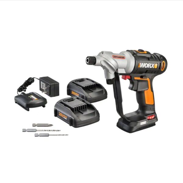 Worx POWER SHARE 20-Volt Switchdriver Cordless 1 4 in. Drill and Driver with 67-Piece Accessory Kit [SWITCH BETWEEN 2 BITS INSTANTLY] No need to stop to change out a bit, just turn the head to cycle between your 2 most useful bits [ELECTRONIC TORQUE CONTROL] Get the perfect amount of torque for the task at hand-prevents stripping, peeling, and damaging the work surface [DO IT ALL WITH THE SAME BATTERY] Worx Power Share is compatible with all Worx 20v and 40v tools, outdoor power and lifestyle products [LED WORK LIGHT] With a headlamp right on the front of the Switchdriver, you can see what you're drilling in dark areas [2-SPEED GEARING] Between the 2 speeds and the 12 torque settings you have enough flexibility to do every common drilling application correctly [1/4" HEX QUICK CHANGE CHUCKS] When you do need that 3rd or 4th bit, the standard chucks accept all regular ¼" bits you find at your neighborhood hardware store [67-PIECE ACCESSORY KIT] Includes 2) 1.5Ah batteries, 1) 5-hour charger, 11)HSS Twist Drill Bits, 5) Spade Wood Drill Bits, 4) Tile Drill Bits, 2) 6" Power Screwdriving Bits, 7) 2" Power Screwdriving Bits, 1) Bit Holder, 17)1" Insert Bits, 3) Nutsetters, 8)SAE Sockets, 8) Metric Sockets, 1) 1/4" Drive Socket Adapter, Blow-molded case