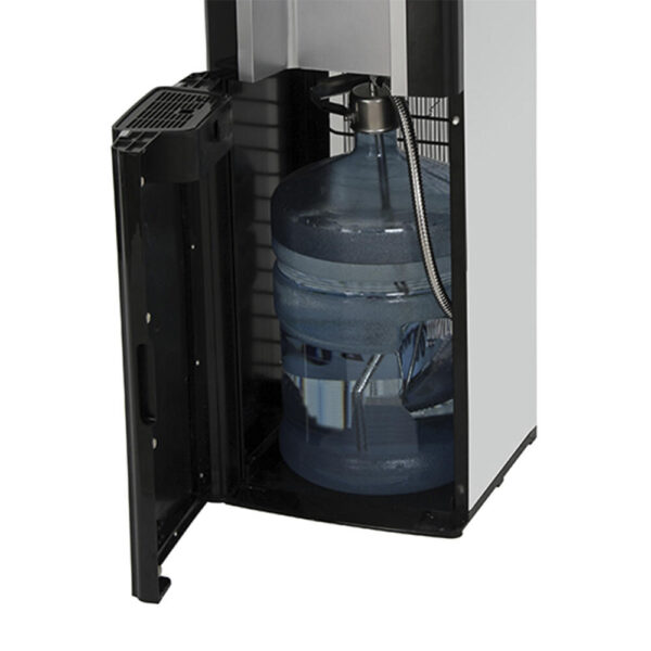 Vitapur® Bottom Load Water Cooler This innovative Bottom Load water cooler makes changing empty water bottles a snap. Lifting heavy bottles and cleaning accidental spills are eliminated, as the bottle is connected and stored in the bottom cabinet. The dispenser featured with a rich black and platinum finish it is sure to complement any room. Included: convenient 24/7 hot water. Listing Agency Standards  CSA, CSA/UL Electrical, Energy Star Minimum Temperature  39 ~46°F Maximum Temperature  194 ~201°F Dimensions  40.7 in H x 13.5 in W x 12.5 in D Weight  42.5 lbs.