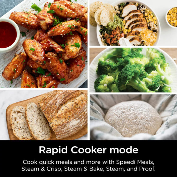 Ninja Speedi Rapid Cooker & Air Fryer ONE-TOUCH, ONE-POT MEALS IN 15 MINUTES: Choose your base, your vegetables, and your protein to create an entire meal in one pot in as little as 15 minutes with the Speedi Meals function. CREATE A MEAL FOR UP TO 4: With 6-qt. capacity, fit up to 4 chicken breasts and 1 lb. of pasta to create a whole family meal in one pot. 12-IN-1 FUNCTIONALITY: Choose from Speedi Meals, Steam & Crisp, Steam & Bake, Steam, or Proof in Rapid Cooker mode and unlock Air Fry, Bake/Roast, Air Broil, Dehydrate, Sear & Saute, Slow Cook, and Sous Vide functions in Air Fry mode. RAPID COOKING SYSTEM: Quickly create moisture with steam while caramelizing and crisping with air fry technology at the same time in one pot when in Rapid Cooker mode to get restaurant-worthy results. SMARTSWITCH FUNCTIONALITY: Easily switch between Air Fry mode and Rapid Cooker mode to unlock endless possibilities. THOUSANDS OF SPEEDI MEALS: Ninja’s Speedi Meal Builder unlocks thousands of customizable recipes with ingredients that are already in your fridge or pantry. AIR FRY HEALTHY MEALS: Up to 75% less fat when using the air fry function vs. traditional deep frying. Tested against hand-cut, deep fried French fries. SPEEDI CLEANUP: Nonstick pot and crisper tray are dishwasher-safe, making cleanup quick and easy.