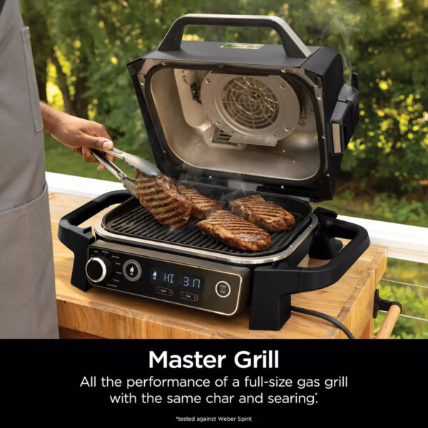 Ninja Woodfire Outdoor Grill, 7-in-1 Master Grill, BBQ Smoker & Air Fryer Master Grill, Fool-Proof BBQ Smoker and Outdoor Air Fryer all-in-one with 100% authentic woodfire flavors With Master Grilling, achieve all the performance of a full-size propane grill with the same char and searing Foolproof BBQ Smoking allows you to create authentic BBQ bark and flavors fast and easy with just 1/2 cup of pellets. Hassle and worry-free With outdoor air frying, you can add woodfire flavor to your air fried favorites and even cook all your side dishes outdoors Powered by electricity and flavored by real burning wood pellets, Woodfire Technology enables you to create rich woodfire flavors you can see and taste with any cooking function Compatible only with Ninja Woodfire Pellets. Comes with 2 blends of 100% real hardwood Ninja Woodfire Pellets that pair great with anything you make Weather resistant for outdoor storage and year-round cooking Apartment-friendly electric power for no charcoal, propane or flareups Cook for a crowd with enough capacity to grill 6 steaks or 30 hot dogs, air fry up to 3 lbs. of wings or BBQ smoke a 9 lb. whole brisket Nonstick coated grill grate for easy cleanup