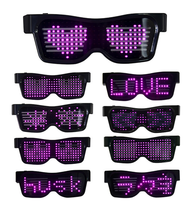 Smart LED Eyeglasses Personalised Party Attraction 1.Unique, Fun & Entertaining! Show off your creativity! 2.Bluetooth enabled to connect to CellPhone App and instantly customize your messages! 3.Light up your message and make it stand out simply with the tip of your finger! 4.Functions include: Text, Drawing, Animation, and Equalizer display! 5.Lightweight, fold-able, illuminative LED, built-in memory! 6.Quality Quaranteed 7.5 Colors:Pink,Red,Green,White,Blue, WE CHOOSE YOUR COLOR.