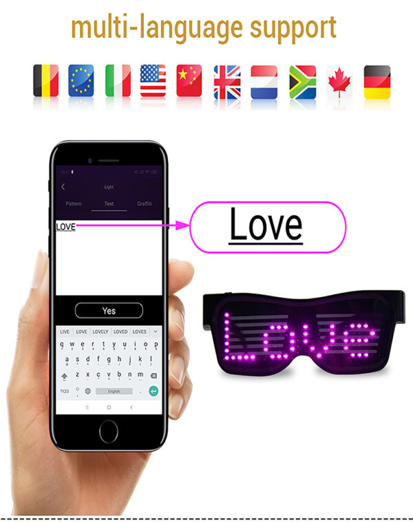 Smart LED Eyeglasses Personalised Party Attraction 1.Unique, Fun & Entertaining! Show off your creativity! 2.Bluetooth enabled to connect to CellPhone App and instantly customize your messages! 3.Light up your message and make it stand out simply with the tip of your finger! 4.Functions include: Text, Drawing, Animation, and Equalizer display! 5.Lightweight, fold-able, illuminative LED, built-in memory! 6.Quality Quaranteed 7.5 Colors:Pink,Red,Green,White,Blue, WE CHOOSE YOUR COLOR.